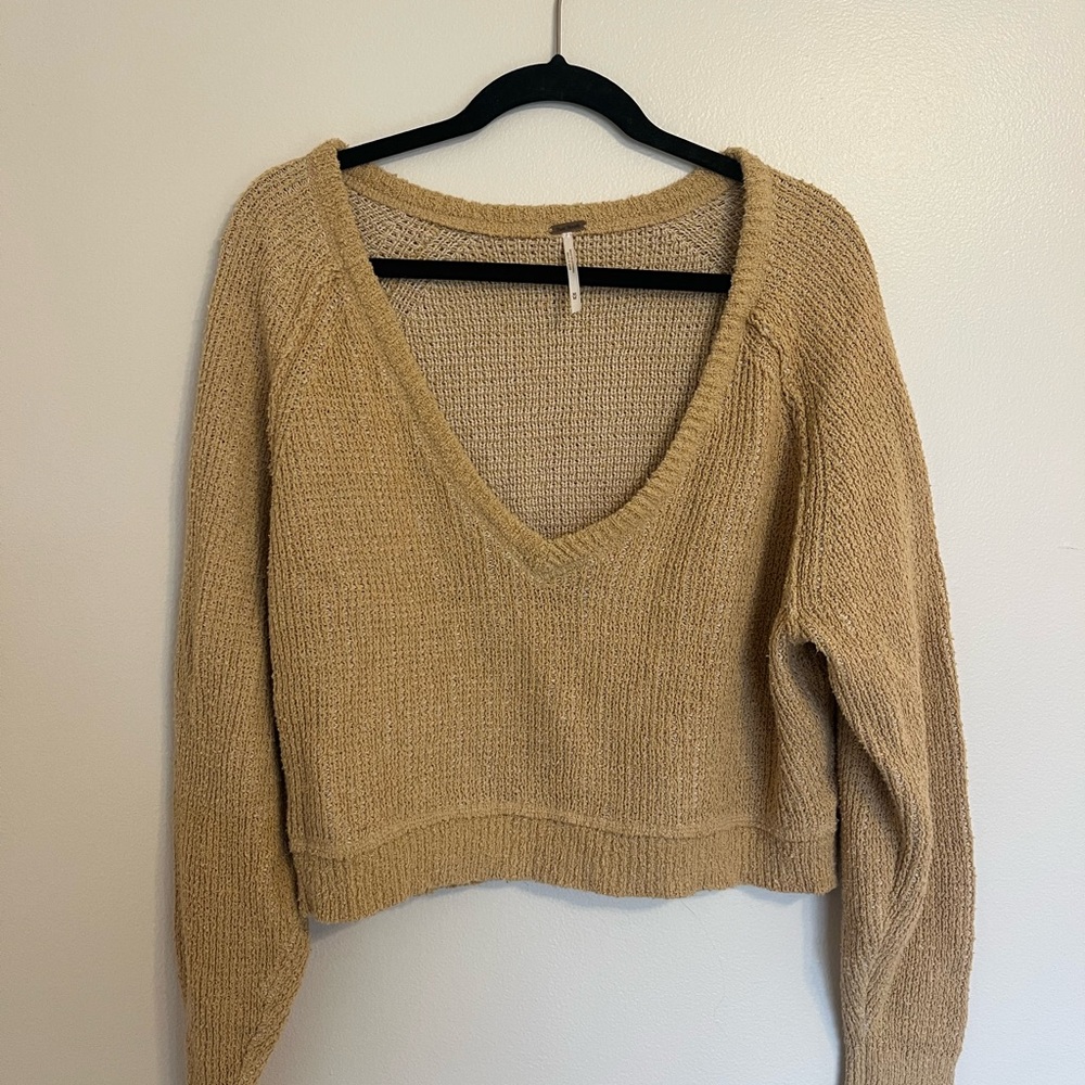 Free People Mustard V-Neck Cropped Sweater